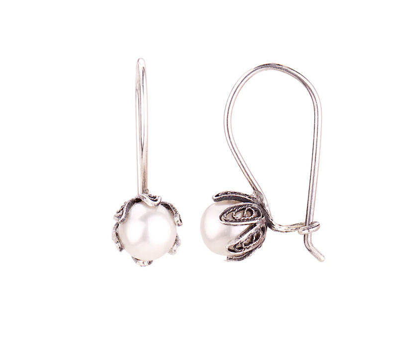 Tulip cup hanging earrings - white pearl - small
